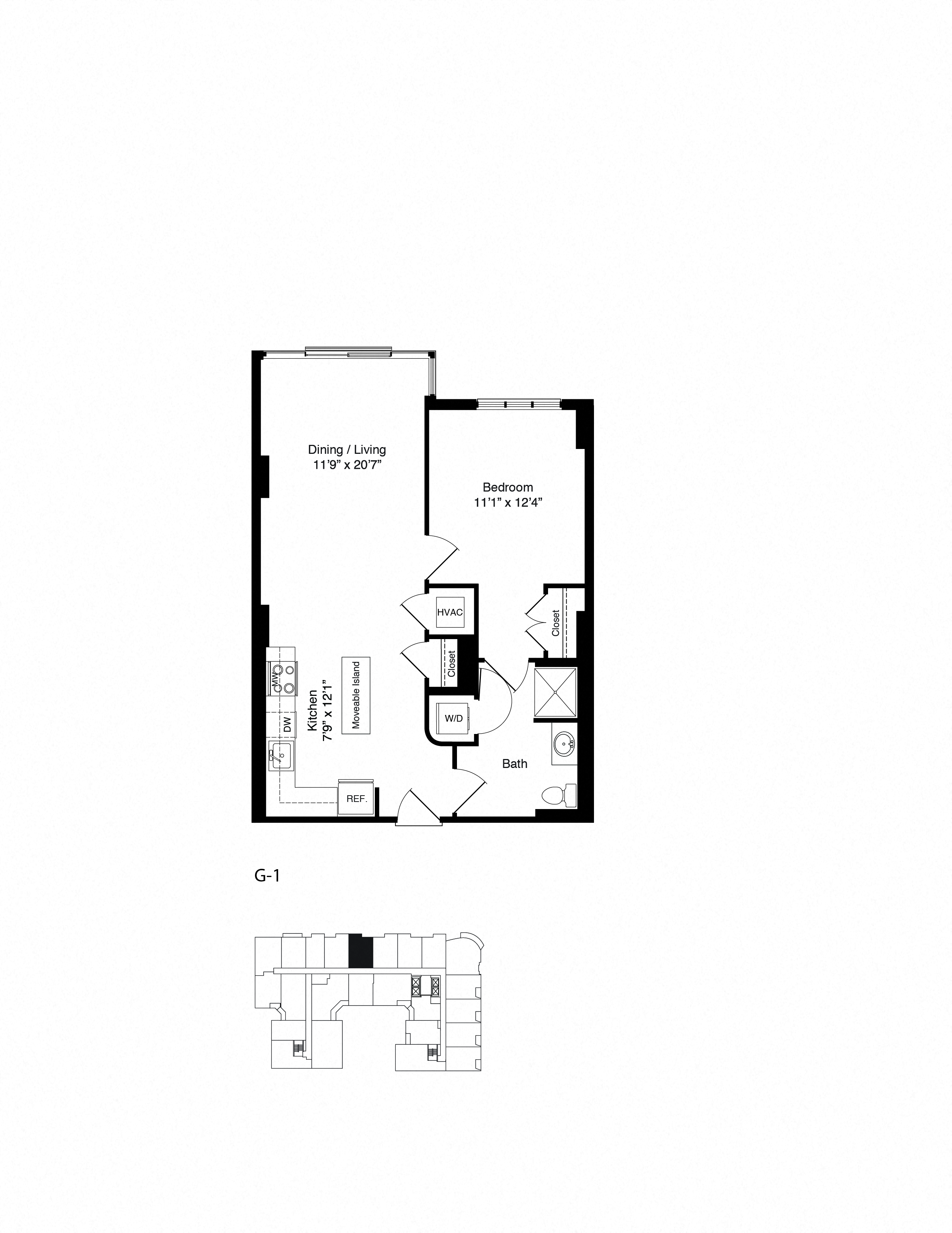 Floor plan for 1 bed, 1 bath, 759 sqft